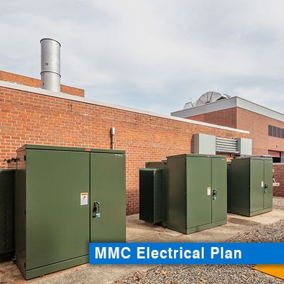 Three large electrical boxes outside of Morristown Medical Center's CHP plant