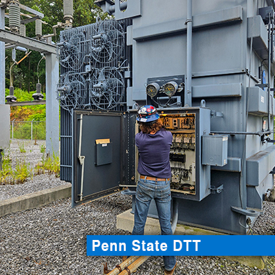Electrical technician installing a direct transfer trip scheme into Penn State Milton S. Hershey Medical Center's 69 kV yard.