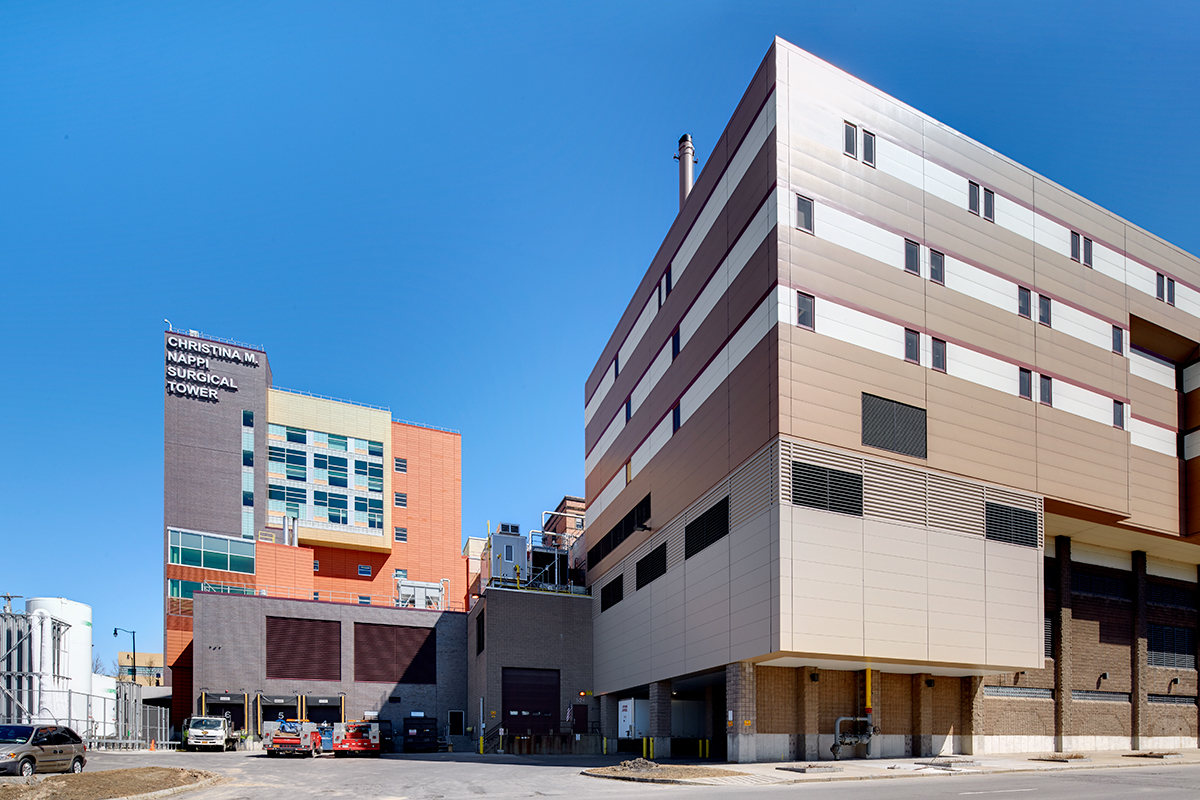 St. Joseph's Hospital featuring its new cogeneration plant that was strategically constructed underneath a building over existing loading docks.